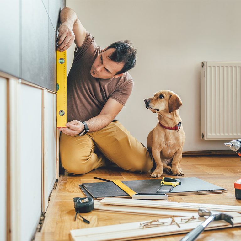 A man using a level to check the wall while a dog sits beside him