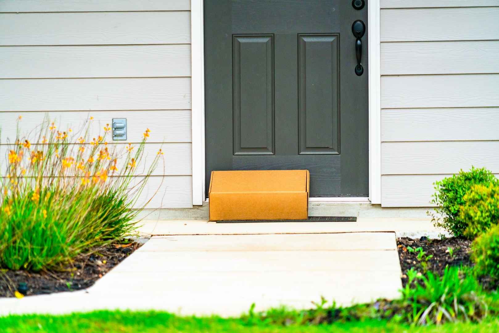 A package sitting on the front doorstep of a house