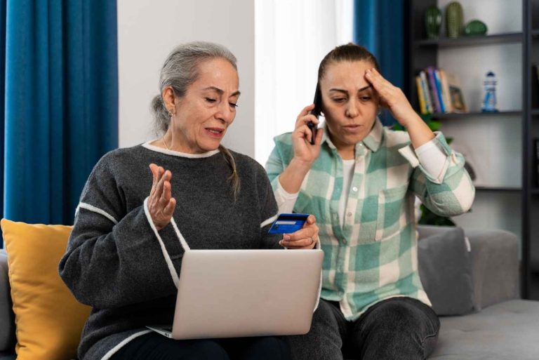 two women in distress sit on a couch while on the phone