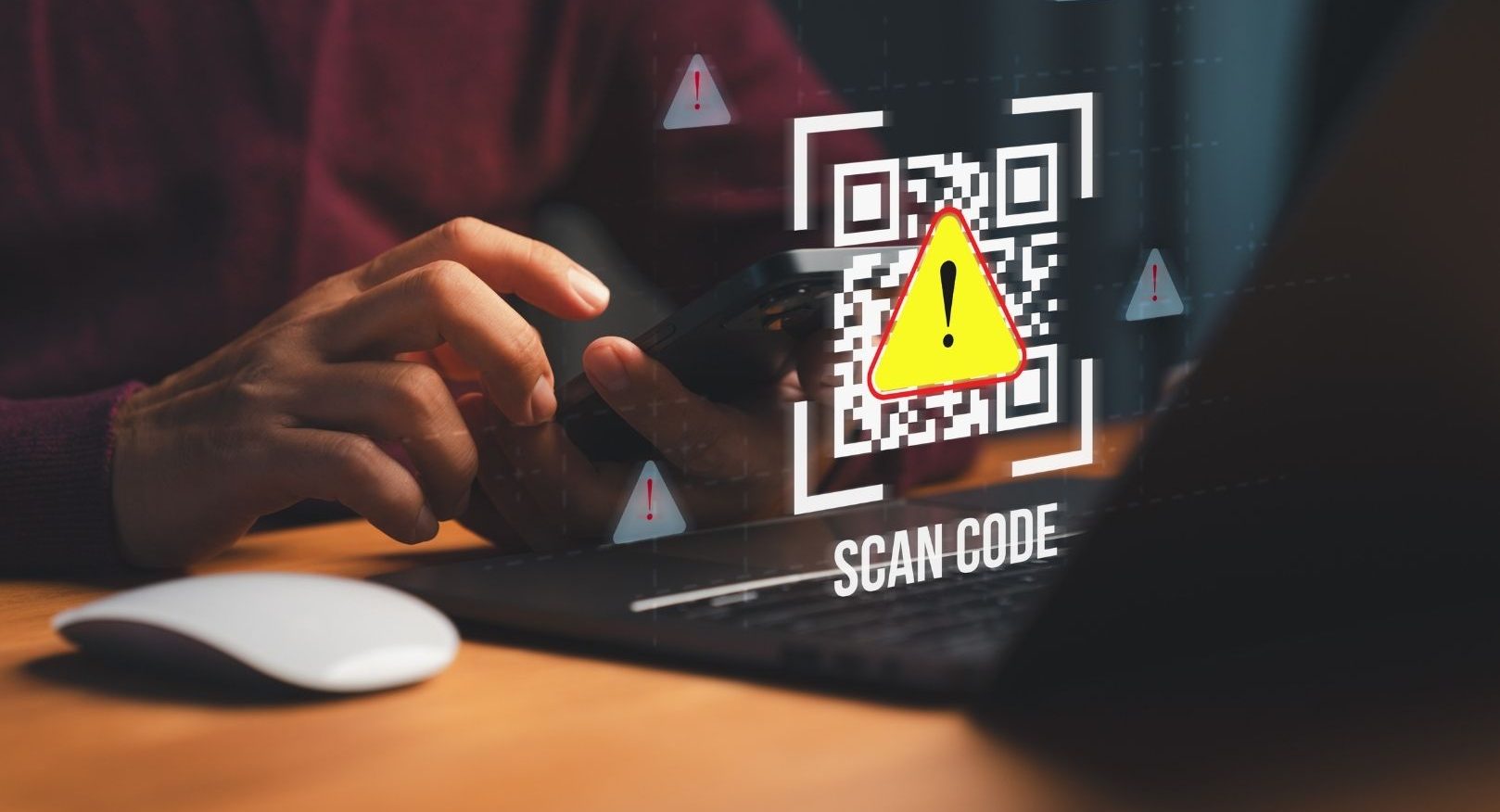 Cybersecurity warning about QR code scams showing a person scanning a code with a smartphone