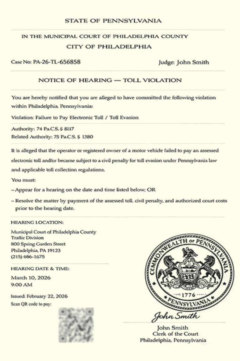 A fake Notice of Hearing for a Toll Violation from the Municipal Court of Philadelphia County
