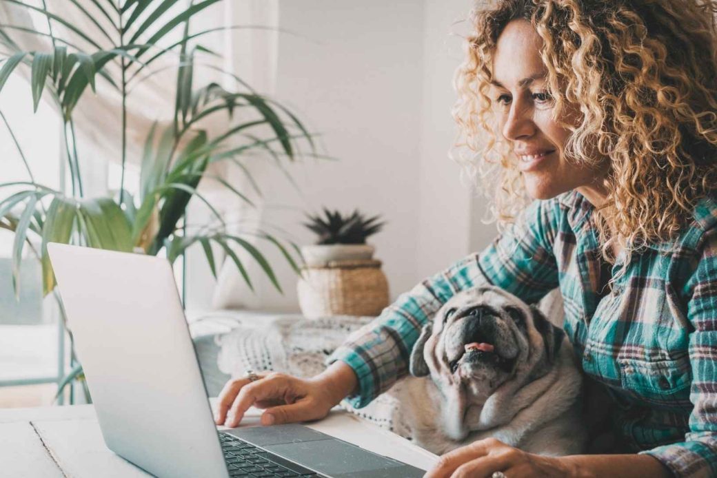A woman sits at a table looking at a laptop with a pug on her lap.